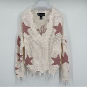 POLLY & ESTHER FRAYED HEM DESTRUCTED STAR SWEATER SIZE LARGE